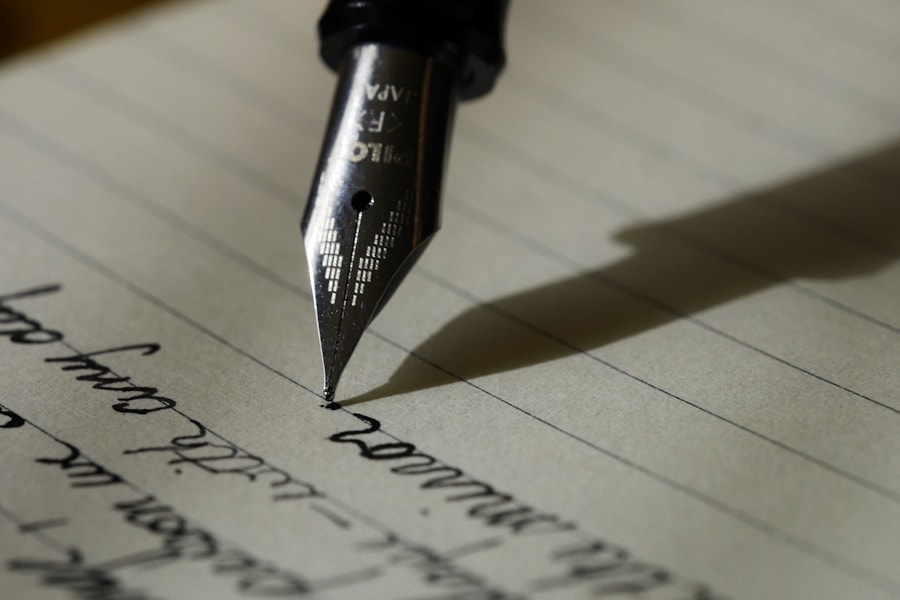 Hand annotating a brand narrative draft beside a keyboard